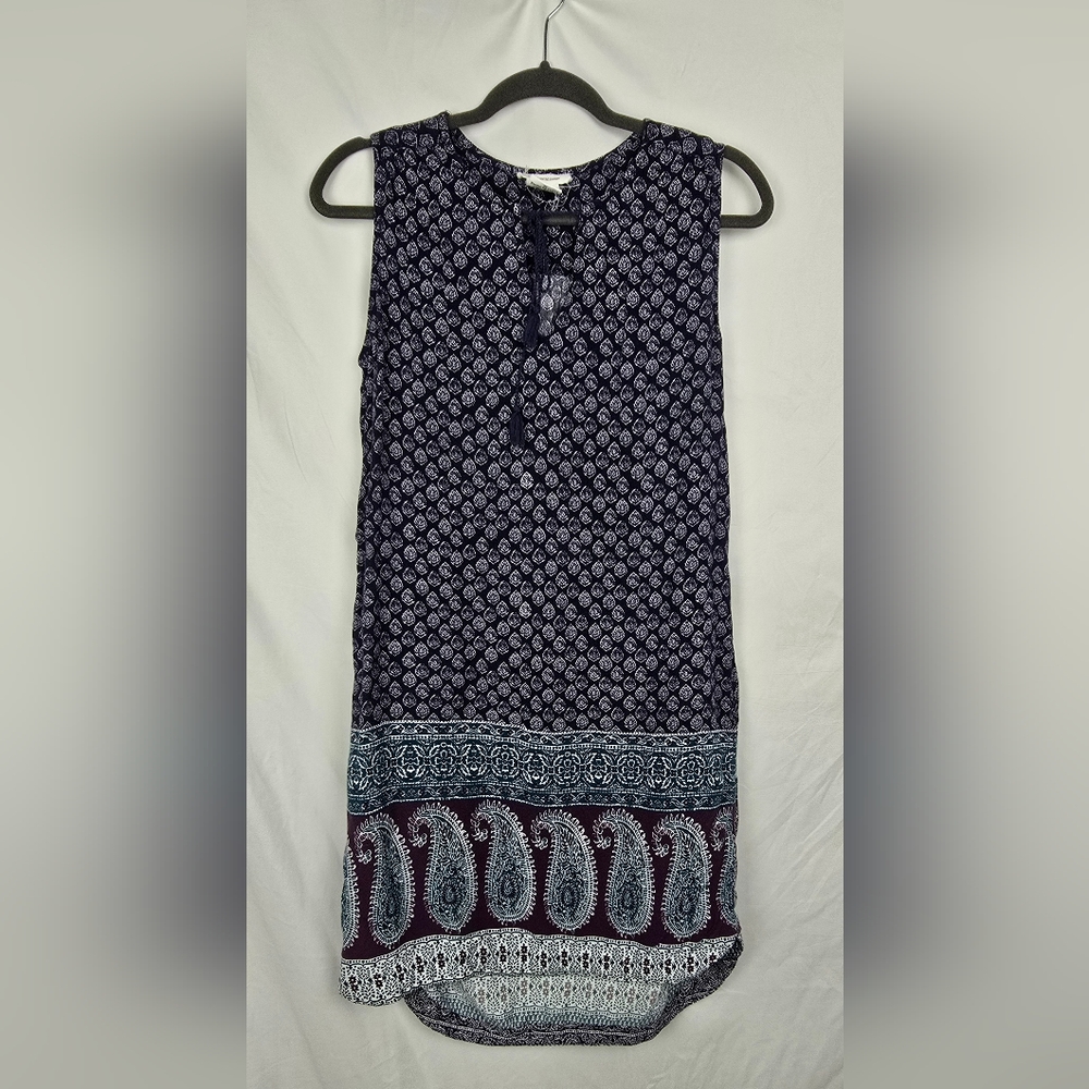 Beach Lunch Lounge Printed Navy Tassel Boho Sleeveless Short Dress sz M